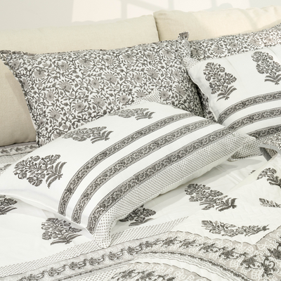 6 Pcs Reversible Design 100% Organic Cotton Quilt Set Floral Grey Blockprint Suitable For Queen, King And Super King Size Bed
