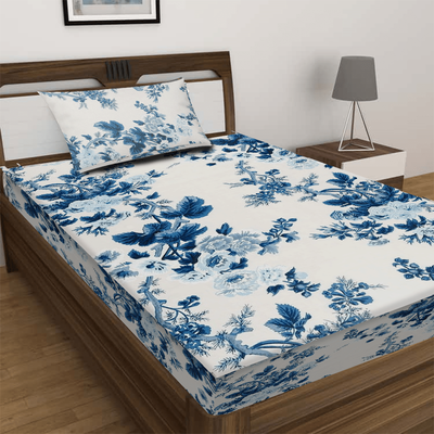 BYFT Orchard Luxury Bed Sheet 150 x 230 Cm Pillowcase 52 x 73 + 12 Cm 144 Tc Multicolor Blue Floral Polycotton Set of 2