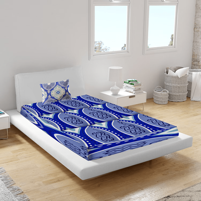 غطاء سرير بستان مقاس 150 × 230 سم كيس وسادة 52 × 73 + 12 سم 65 جرامًا للمتر المربع نمط برتغالي أزرق مطبوع 100% ألياف دقيقة مجموعة من 2