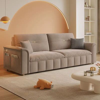 Sofa Bed, Pull-out Sofa Come Bed with Storage Box Side Pockets USB Port - 130 cm Outside - Light Coffee
