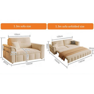 Sofa Bed, Pull-out Sofa Come Bed with Storage Box Side Pockets USB Port - 130 cm Outside - Light Coffee