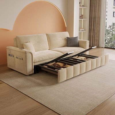 Sofa Bed, Pull-out Sofa Come Bed with Storage Box Side Pockets USB Port - 180 cm Outside - Off white