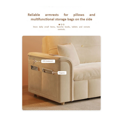 Sofa Bed, Pull-out Sofa Come Bed with Storage Box Side Pockets USB Port - 180 cm Outside - Off white