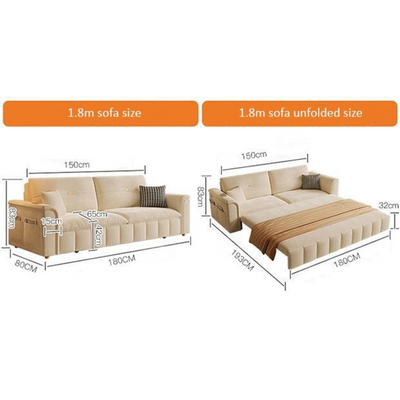 Sofa Bed, Pull-out Sofa Come Bed with Storage Box Side Pockets USB Port - 180 cm Outside - Light Coffee