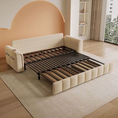 Sofa Bed, Pull-out Sofa Come Bed with Storage Box Side Pockets USB Port - 210 cm Outside - Off White