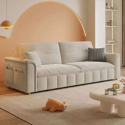 Sofa Bed, Pull-out Sofa Come Bed with Storage Box Side Pockets USB Port - 210 cm Outside - Light Gray