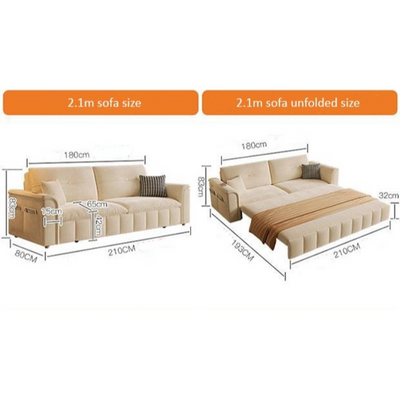 Sofa Bed, Pull-out Sofa Come Bed with Storage Box Side Pockets USB Port - 210 cm Outside - Light Gray
