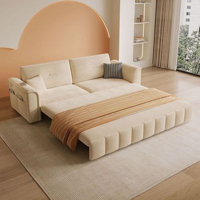 Sofa Bed, Pull-out Sofa Come Bed with Storage Box Side Pockets USB Port - 240 cm Outside - Off White