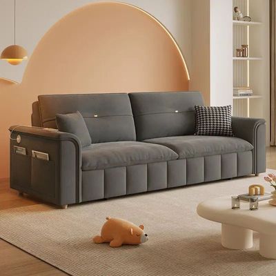 Sofa Bed, Pull-out Sofa Come Bed with Storage Box Side Pockets USB Port - 240 cm Outside - Dark Gray