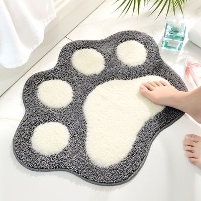 Paw Shaped Bathroom Rug Non-Slip Bath Mat (45 x 60cm), Soft Water Absorbent Thick Shaggy Shower Rug, Machine Washable Bathroom, Gray