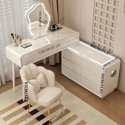 Smart Vanity Table, Dressing Table with Mirror, Chair and Double Chest Drawers Feature a Wireless Charging Speaker LED Light - White