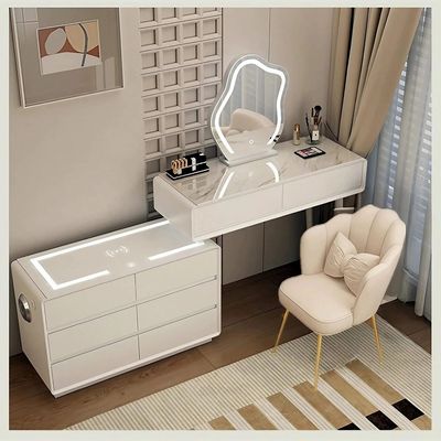 Smart Vanity Table, Dressing Table with Mirror, Chair and Double Chest Drawers Feature a Wireless Charging Speaker LED Light - White