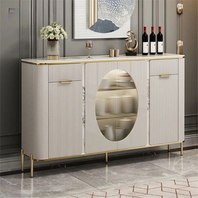 Sideboard Buffet Wooden Modern Storage Cabinet in Tempered Glass Countertop Gold Legs and Accessories - Off White