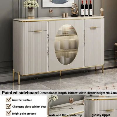 Sideboard Buffet Wooden Modern Storage Cabinet in Tempered Glass Countertop Gold Legs and Accessories - Off White