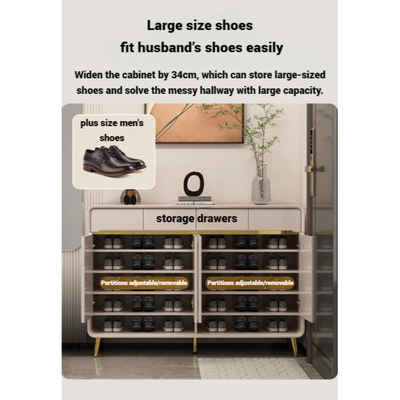 Large Wooden Shoe Rack Storage Organizer, Luxurious Design Shoe Cabinet with Bench - Off White 