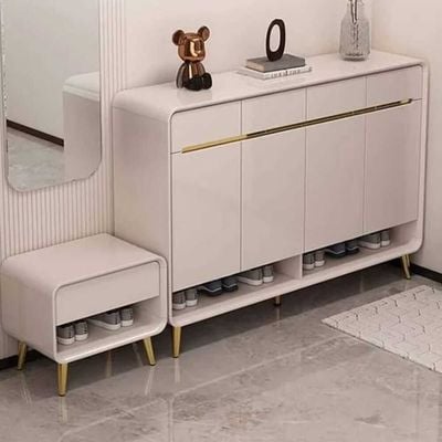 Large Wooden Shoe Rack Storage Organizer, Luxurious Design Shoe Cabinet with Bench - Off White 