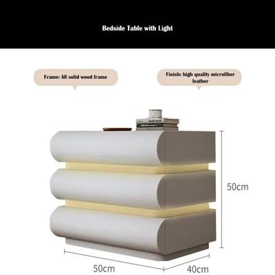 Bedside Table Nightstand with Three Drawers Built in LED Light Storage Cabinet for Bedroom - White