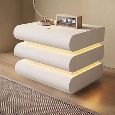 Bedside Table Nightstand with Three Drawers Built in LED Light Storage Cabinet for Bedroom - White