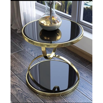 Creative Round Glass Top Side Table With Stainless Steel Base  - Black and Gold