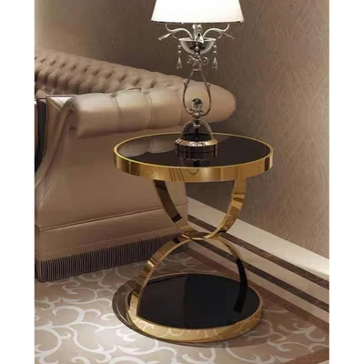 Creative Round Glass Top Side Table With Stainless Steel Base  - Black and Gold