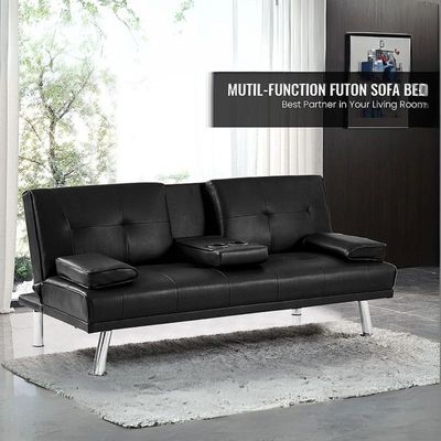 Futon Sofa Bed, Faux Leather Lounge Couch for Living Room, Convertible Upholstered Loveseat Sleeper, Small Futon Couch for Small Space w/Cup Holders and Armrest, 3 Adjustable Positions (Black)