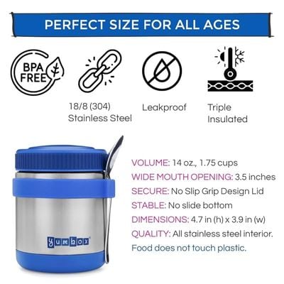 Yumbox Zuppa - Wide Mouth Thermal Food Jar 14 Oz. (1.75 Cups) With A Removable Utensil Band - Triple Insulated Stainless Steel - Stays Hot 6 Hours Or Cold For 12 Hours - Leak Proof (Neptune Blue)