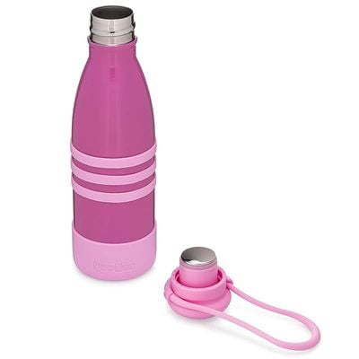Yumbox Aqua Stainless Steel Triple Insulated Water Bottle 14 Oz/ 420 Ml With Silicone Cap And Wrist Strap (Pacific Pink)