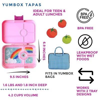 Yumbox Tapas Leakproof Bento Box, Lunch Box For Women, Teens And Kids, Large Size, 4 Compartment Tray With Large Section For Sandwich, Salads Plus Sides And Dip Well (Capri Pink - Rainbow)