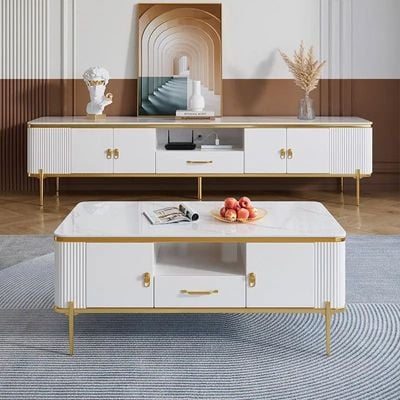 Living room Table Set Modern Coffee Table and TV Stand in White and Gold Accents - White
