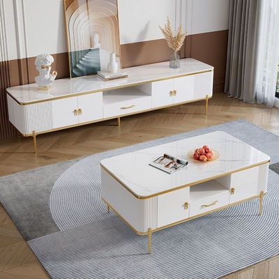 Living room Table Set Modern Coffee Table and TV Stand in White and Gold Accents - White