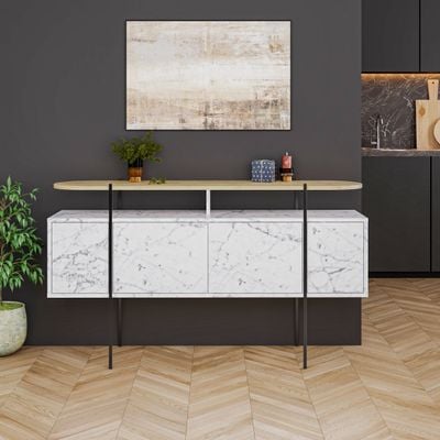 Mourah Hanley Console - White Marble/Oak - 2 Years Warranty
