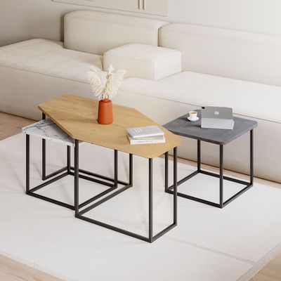 Mourah Nesty Coffee Table - Oak/Retro Grey/Carrara - 2 Years Warranty