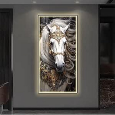 Large LED White Horse Painting Framed Wall Mural