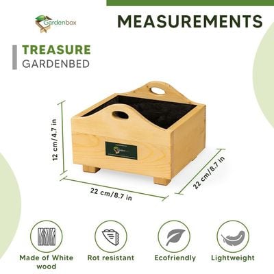 Treasure wooden planterbox -  22 cm x 22 cm x 12 cm, grow herbs on kitchen platform, Decorative Planters for Home, Garden and Office