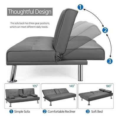 Futon Sofa Bed, Faux Leather Lounge Couch for Living Room, Convertible Upholstered Loveseat Sleeper, Small Futon Couch for Small Space w/Cup Holders and Armrest, 3 Adjustable Positions (Grey)