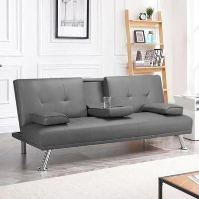Futon Sofa Bed, Faux Leather Lounge Couch for Living Room, Convertible Upholstered Loveseat Sleeper, Small Futon Couch for Small Space w/Cup Holders and Armrest, 3 Adjustable Positions (Grey)