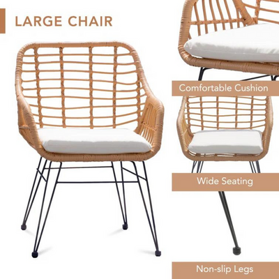 Modern Bistro Design Rattan & Steel Outdoor Dining Table Set with Cushions for Café, Restaurant, Patio, Garden