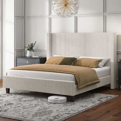 Delfina Corduroy Upholstered Bed Super King 200 x 200 in Cream Color
