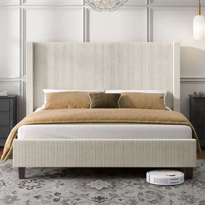 Delfina Corduroy Upholstered Bed Super King 200 x 200 in Cream Color
