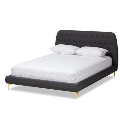Indigo Platform Bed  Super King 200 x 200 in Dark Grey -Elegant Upholstered Bed with  Button Tufted-Modern Design with Padded Headboard-Sturdy Base-Soft Fabric Finish-Ideal for Bedrooms & Villas