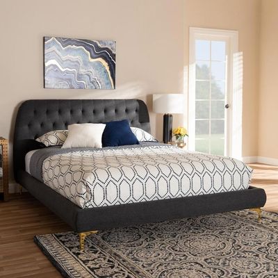 Indigo Platform Bed  Super King 200 x 200 in Dark Grey -Elegant Upholstered Bed with  Button Tufted-Modern Design with Padded Headboard-Sturdy Base-Soft Fabric Finish-Ideal for Bedrooms & Villas