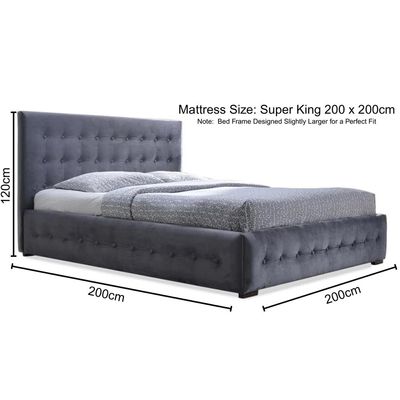 Margaret Modern & Contemporary Super King Bed Frame 200x200cm in Grey | Elegant Upholstered Bed with Padded Headboard | Sturdy Base | Soft Fabric Finish | Stylish Platform Bed for Master Bedrooms & Villas
