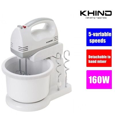 KHIND Stand Mixer - 2.0L Stand Mixer with Powerful 160W Motor, Stainless Steel Bowl, 5 Variable Speeds, and Detachable Design, High Speed Options, White, SM220P