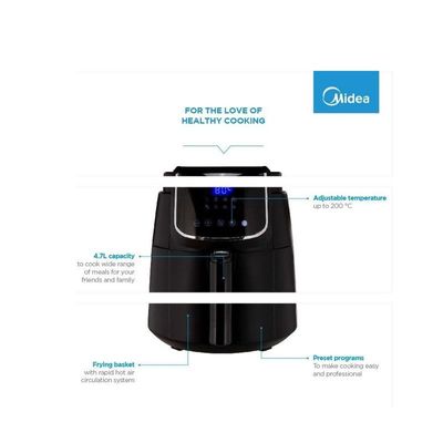 Midea 4.7L XL Digital Air Fryer 1500W with Dual Cyclone Rapid Hot Technology for Frying, Grilling, Broiling, Roasting, Baking, Toasting, Timer up to 60 minutes Temperature Control up to 200°C-MFCN40D2