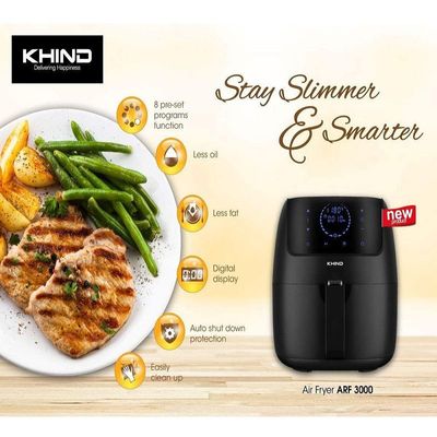 KHIND Air Fryer ARF3000, Digital Display with Touch Control, 3.5L Net Capacity, 8 Preset Menus, Variable Temperature and Timer, Food SS Grill, Low Fat Cooking- Black