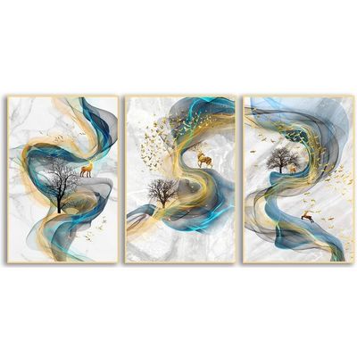 Wavy with Deers Set of 3 abstract painting