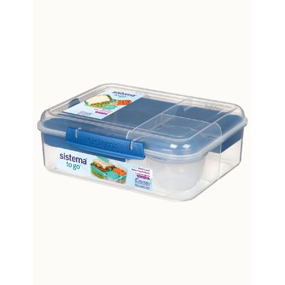 Sistema Bento Lunch To Go 1.65L, portable & Stackable for Work, Schools, featuring easy locking clip with multi-compartments. Is Microwave, Dishwasher safe and BPA Free, Blue