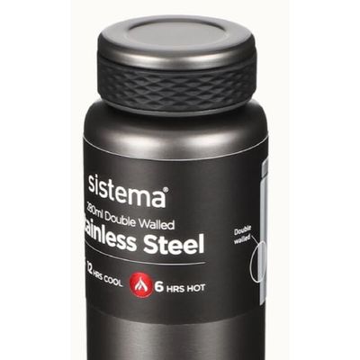 Sistema 280ML Chic Stainless-Steel Bottle, designed with double walled insulation and 100% Leak Proof to keep drinks Hot & Cool, BPA Free. Dark Grey.