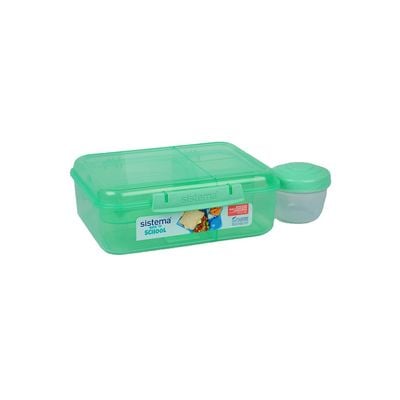 Sistema 1.65 Liter Bento Stackable Lunch Box, Green, Easy locking clips with multiple compartments & Pot, is Microwave & dishwasher safe and BPA Free.