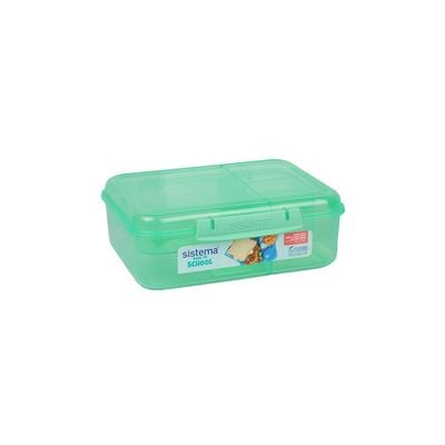 Sistema 1.65 Liter Bento Stackable Lunch Box, Green, Easy locking clips with multiple compartments & Pot, is Microwave & dishwasher safe and BPA Free.